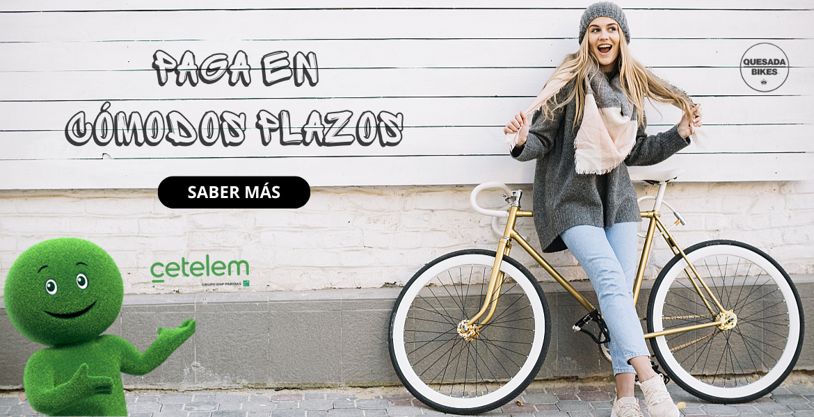 Banner de financiación de bicicletas con texto superpuesto: "Paga en cómodos plazos"