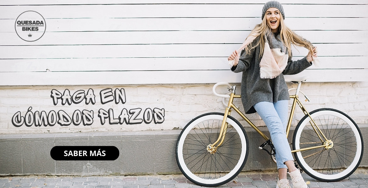 Banner de financiación de bicicletas con texto superpuesto: "Paga en cómodos plazos"